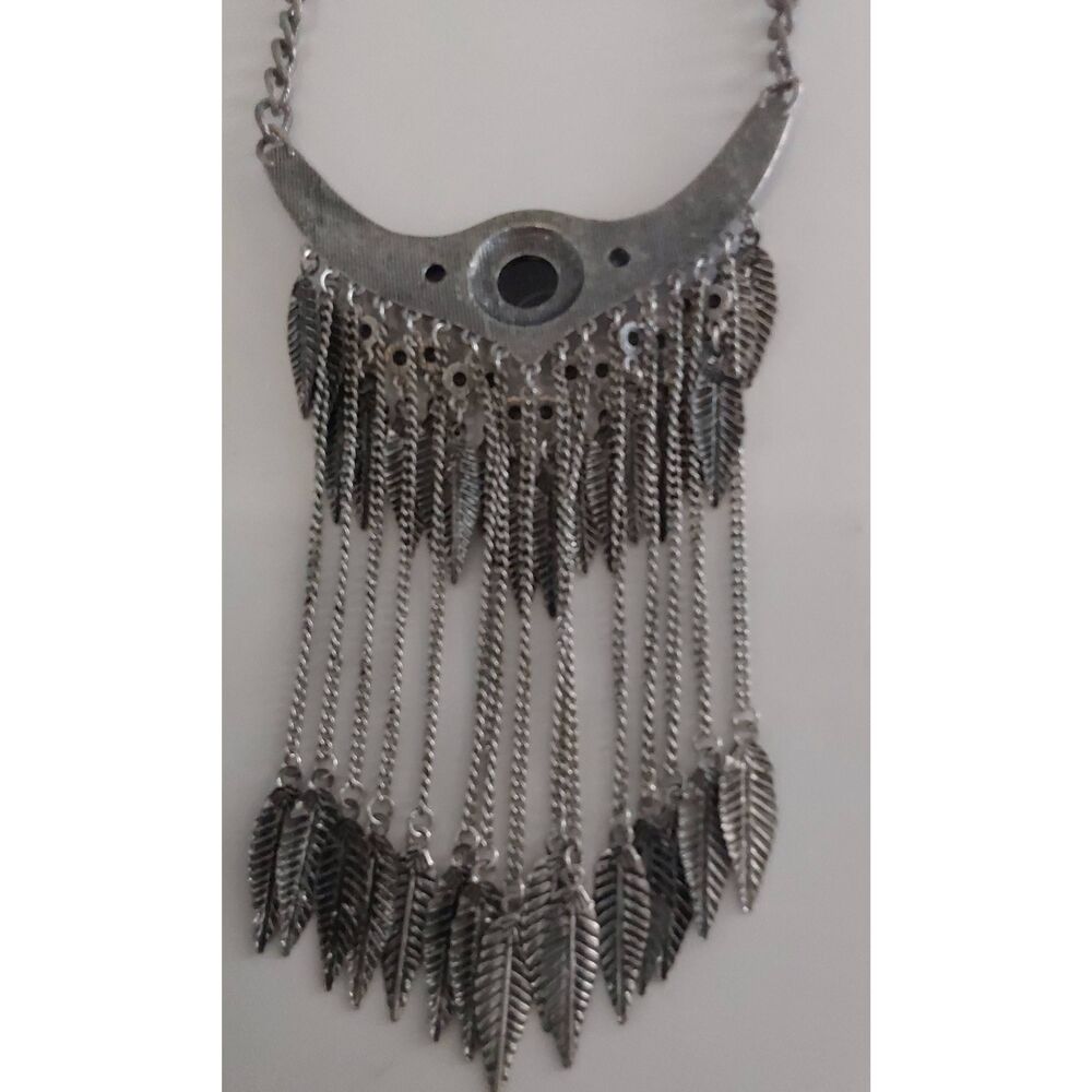 Unique Silver & Black Crystal Necklace with Leaf Design Dangles - Picture 3 of 3